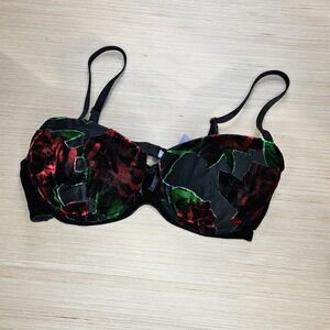 Savage X Fenty Rose Velvet Balconette Bra Black Red Green Floral Size 32C